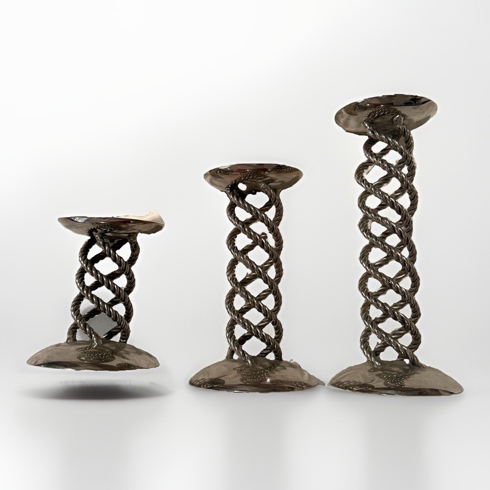 Lot of 3 Vintage Twisted Wire Spring Taper Candlestick Holder MCM